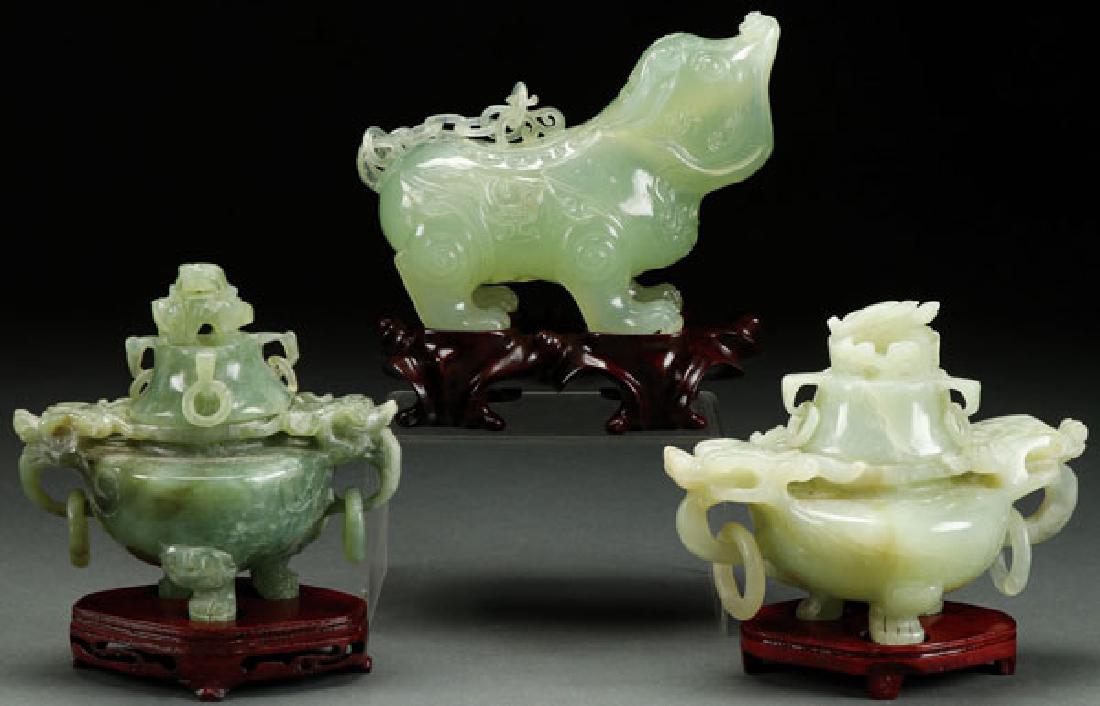A THREE PIECE GROUP OF CHINESE CARVED SERPENTINE (1 of 1)