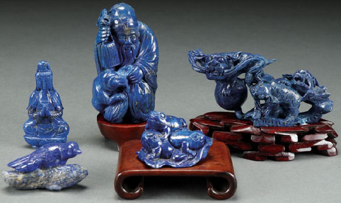 A GROUP OF FIVE CHINESE CARVED BLUE LAPIS FIGURES (1 of 1)