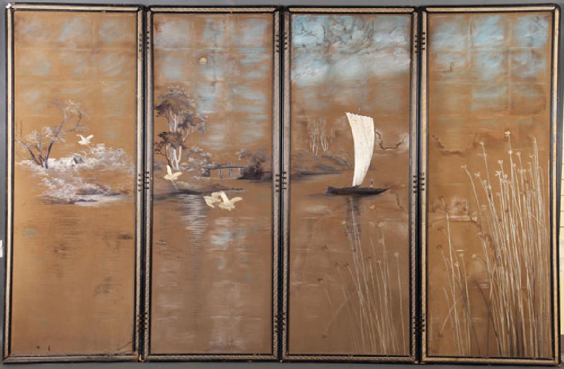 A JAPANESE FOUR PANEL SCENIC EMBROIDERED SILK (1 of 2)