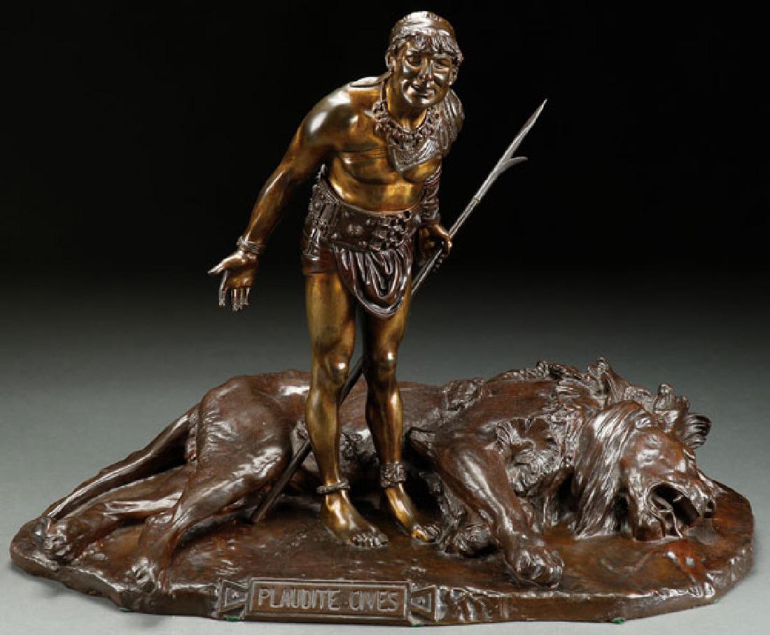 GREAT 19TH C. FRENCH BRONZE ARTIST SIGNED.: JEAN LEON GEROME(French 1824-1904) Plaudite Cives Bronze with brown patina and traces of gildingSigned on base "J.L. Gerome" and with foundry mark of SIOT-PARISWidth 21.5 inches (53 cm), height 14.75