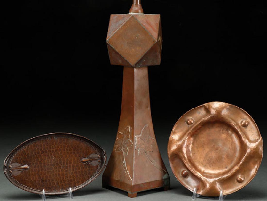 A THREE PIECE ARTS AND CRAFTS COPPER GROUP (1 of 2)