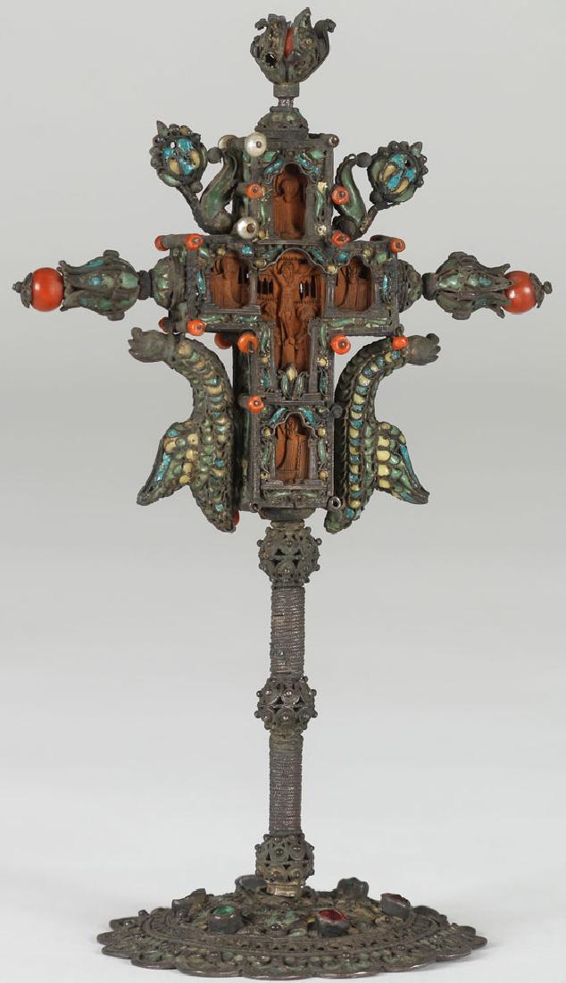 FINE SILVER & ENAMEL MOUNTED WOOD CROSS MT ATHOS 18THC (1 of 5)