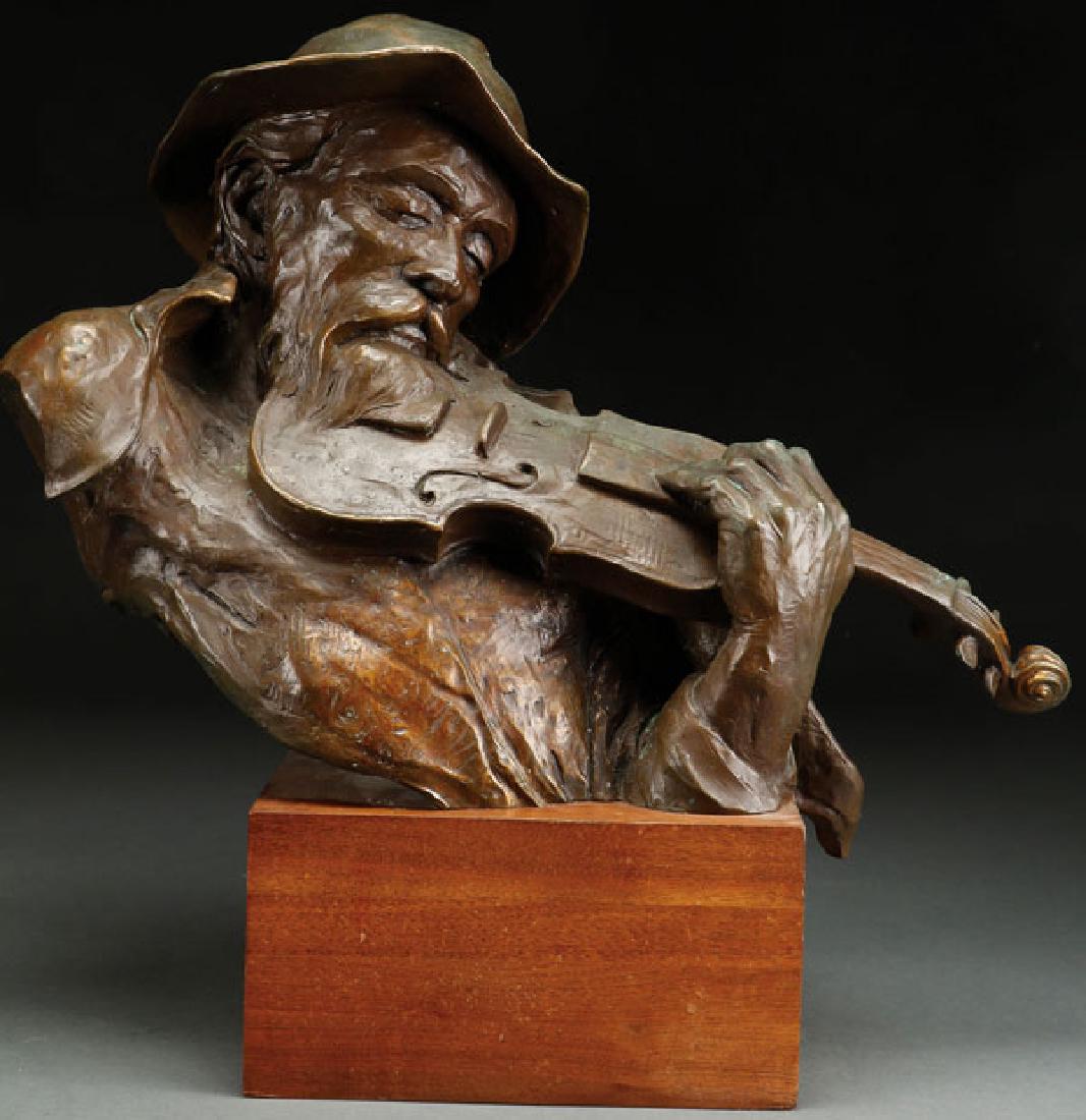 A LARGE AND IMPRESSIVE BRONZE FIGURE OF A MAN: A LARGE AND IMPRESSIVE BRONZE FIGURE OF A MAN PLAYING A VIOLIN, KENT ULLBERG (AMERICAN B. 1945). The patinated bronze figure modeled in full round of good anatomy and proportions and mounted on a fini