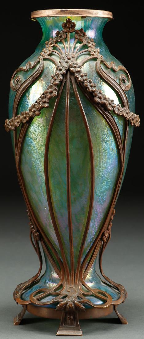 A BOHEMIAN IRIDIZED GLASS AND BRONZE MOUNTED VASE (1 of 3)