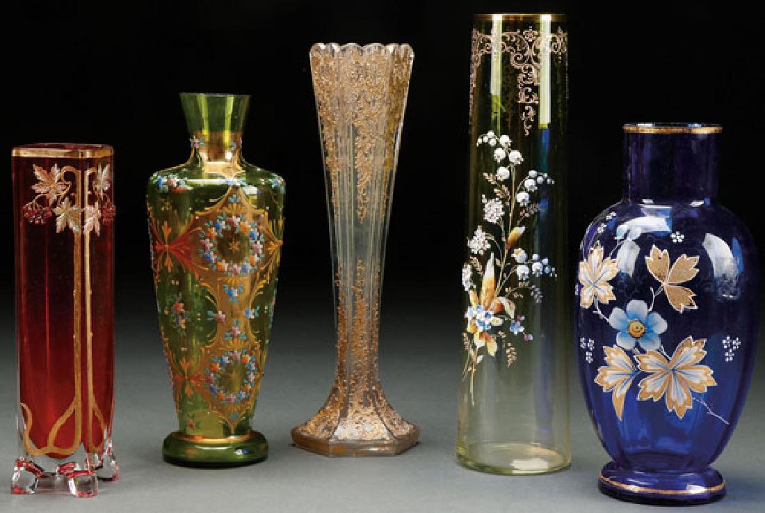 A FIVE PIECE GROUP OF BOHEMAIN ENAMELED ART GLASS (1 of 1)