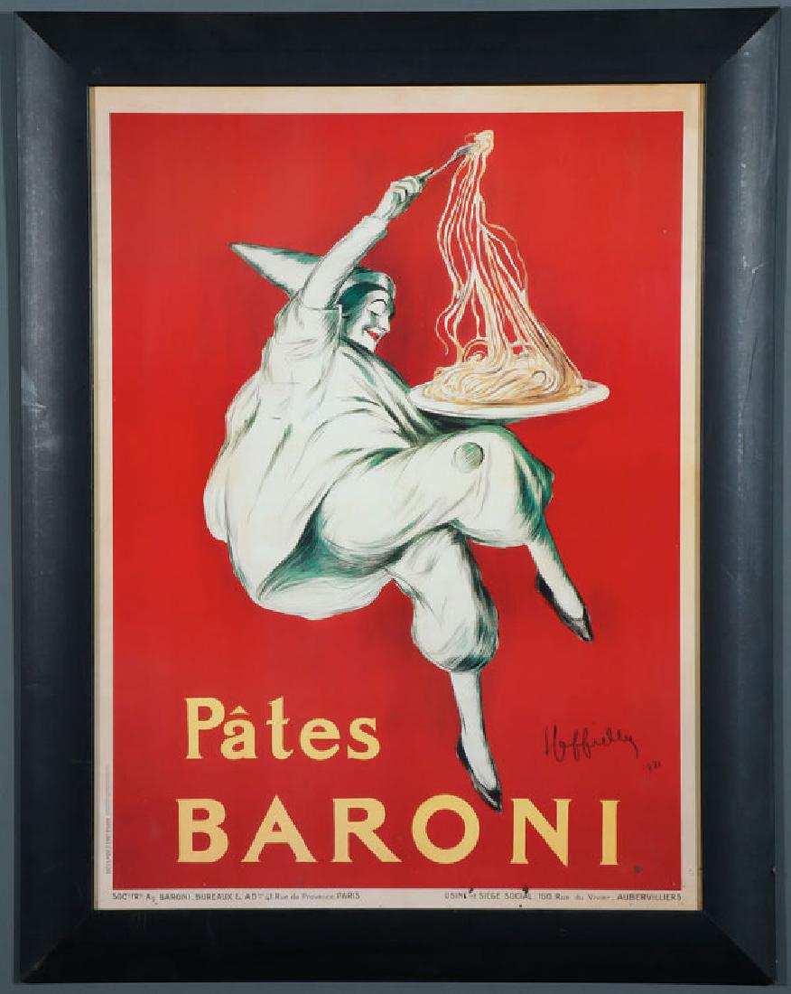 A PAIR OF FRENCH ADVERTISING WINE POSTERS: A PAIR OF FRENCH ADVERTISING WINE POSTERS. Comprising a Prunelle Du Velay stone lithograph circa 1922 by Jarville together with a reproduction Pates Baroni. The Prunelle with mat and plexiglass, over