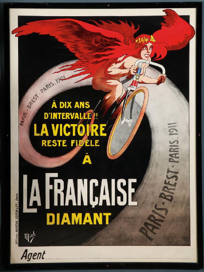 MICHEL LIEBEAU "LA FRANCAISE DIAMANT"-1911: MICHEL LIEBEAU (FRENCH, 1881-1923), "LA FRANCAISE DIAMANT"-1911. Early advertising poster on paper, signed lower left "Mich", printed by Marcial, Goffin & Cie, Paris. The poster depicting a red haired