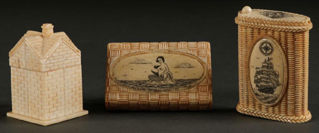 THREE CARVED WALRUS TUSK BOXES, 20TH CENTURY: THREE CARVED WALRUS TUSK BOXES, 20TH CENTURY. Two carved in a woven trompe l'oeil, one with hinged cover and scrimshaw scene of a nude mermaid, and the other with a mystery locking cover with scrimsha
