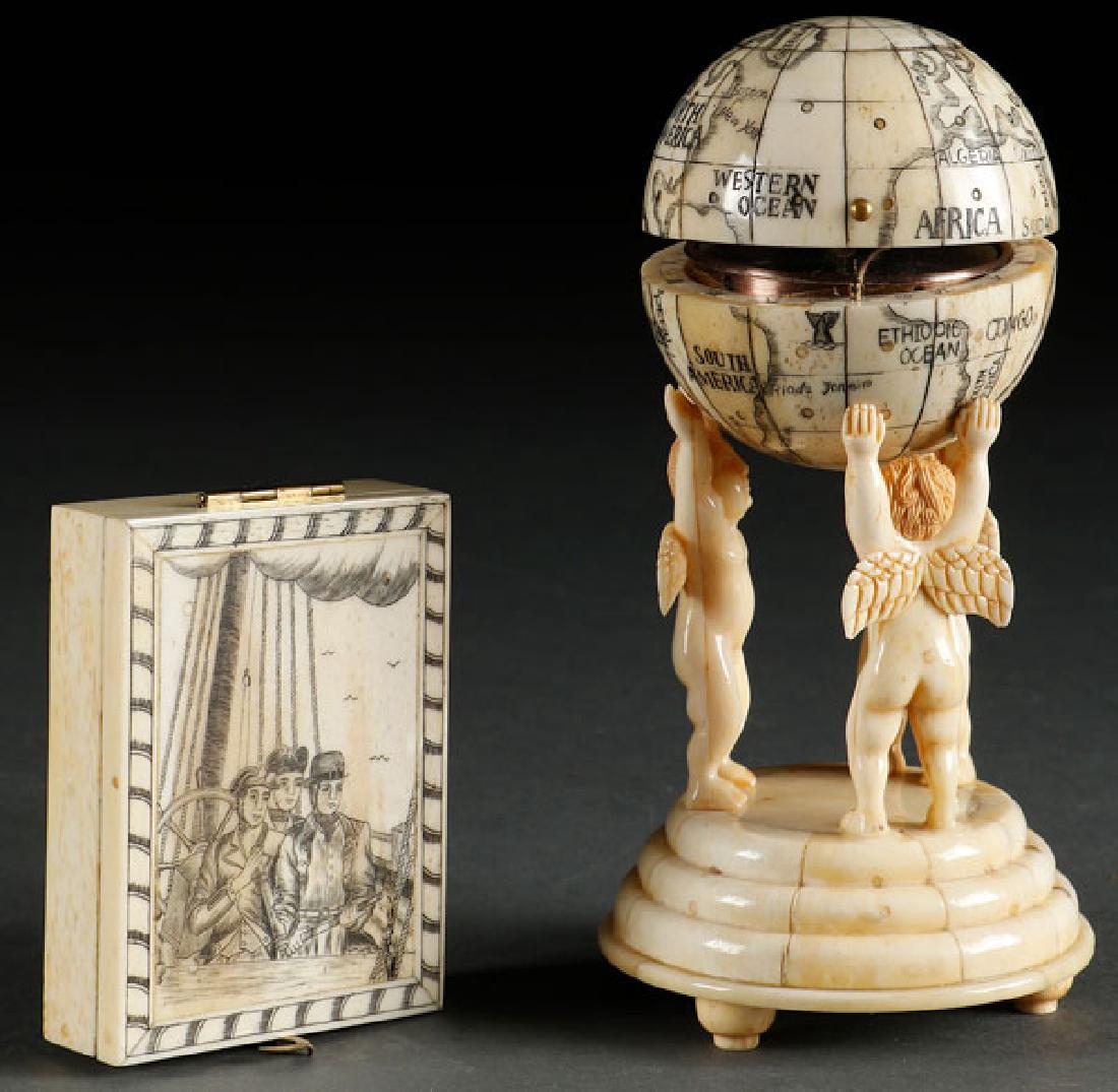 TWO SCRIMSHAW DECORATED CARVED BONE COMPASSES: TWO SCRIMSHAW DECORATED CARVED BONE COMPASSES, 20TH CENTURY. Each in the 18th/19th century style. Comprising a rectangular box with hinged lid decorated with mariners, and a terrestrial globe, each op
