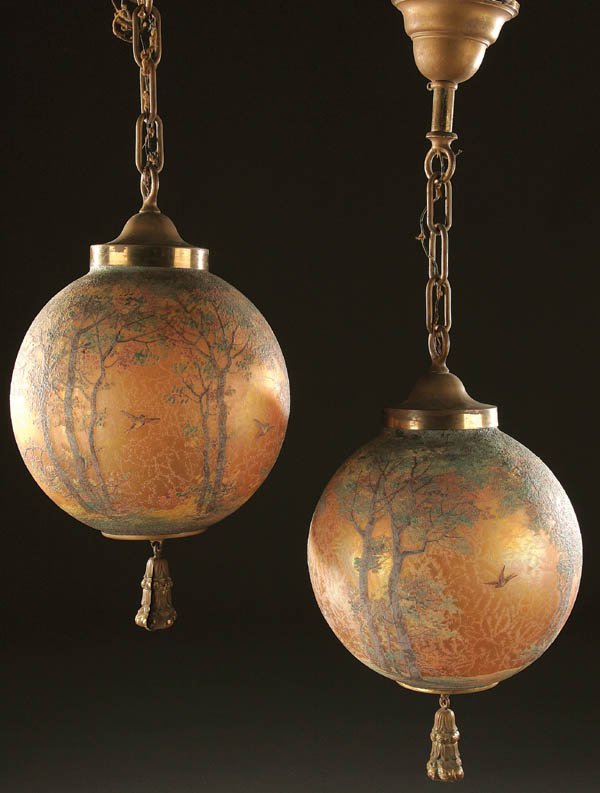 A VERY FINE PAIR OF HANDEL TEROMA GLASS HALL LAMP