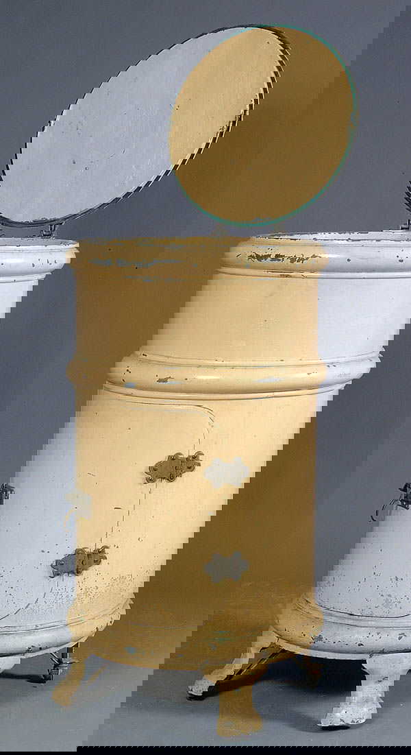 898 AN INTERESTING ROUND METAL ICE BOX, C. 1900 with