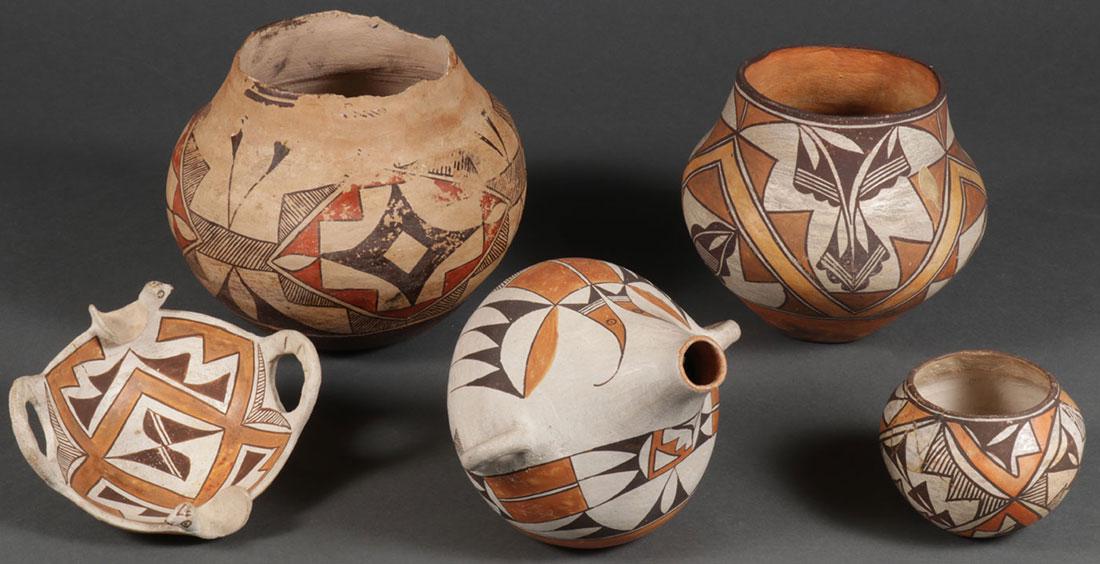 A GROUP OF 5 SOUTHWEST POLYCHROME POTTERY PIECES: A GROUP OF FIVE SOUTHWEST POLYCHROME POTTERY PIECES, 1ST HALF OF 20TH CENTURY. Including a bird double handled bowl marked on underside "ACOMA, NEW MEXICO. AUGUST 1939", an interesting canteen, a smal