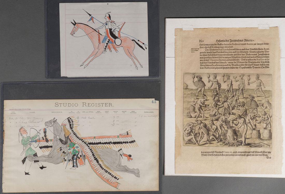 A PAIR OF DRAWINGS & A LEAF FROM THE BOOK AMERICA: A PAIR OF LEDGER STYLE DRAWINGS AND A LEAF FROM THE BOOK AMERICA BY THEODORE DE BRY (1528-1598). Greatest size 13.6 inches. SHIPPING NOTICE: Jackson's is your sole and only source