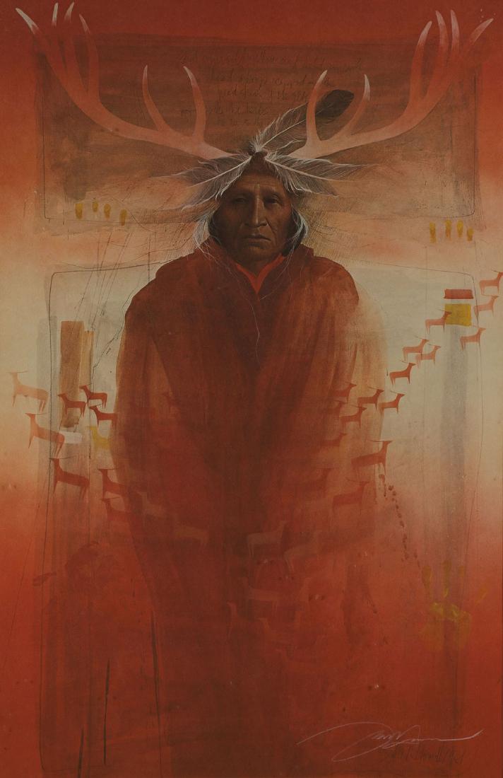 THREE NATIVE AMERICAN THEMED PRINTS: THREE NATIVE AMERICAN THEMED PRINTS. Comprising a signed Frank Howell print depicting an Indian with antler headdress contained in a glazed matted frame, overall size including frame 37 inches x 27 in