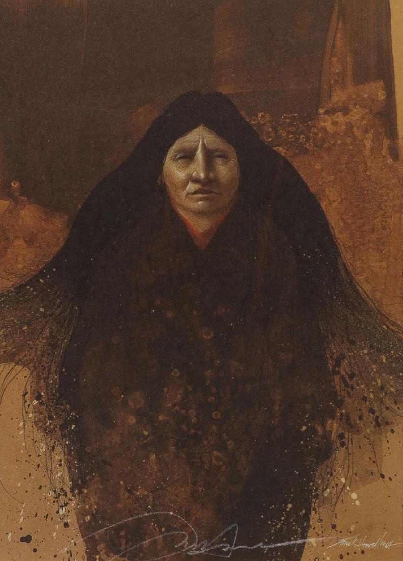 TWO ORIGINAL SIGNED FRANK HOWELL PRINTS: TWO SIGNED FRANK HOWELL PRINTS. Including "Lakota Messenger" contained in an attractive matted glazed wood frame, overall size including frame 25 inches x 40.5 inches, together with another signed How