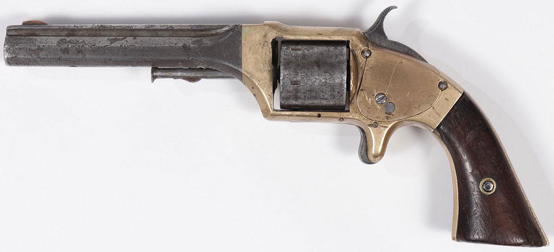 E A PRESCOTT SPUR TRIGGER REVOLVER: E. A. PRESCOTT SPUR TRIGGER REVOLVER. .32 rim fire cal., 5 inch octagon barrel, brass frame, wood grips, serial number 206SHIPPING NOTICE:Jackson's is your sole and only source for one s