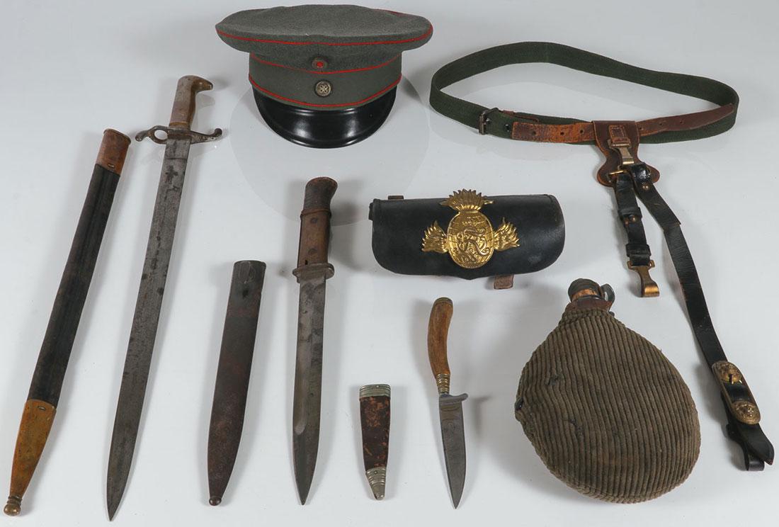 A GROUP OF MOSTLY GERMAN MILITARIA, WWI & EARLIER: A GROUP OF MOSTLY GERMAN MILITARIA, WWI AND EARLIER. Comprising an officer's peaked cap, a leather cartridge box with imperial monogram, two bayonets, a hunting knife with stag horn handle, a corduroy