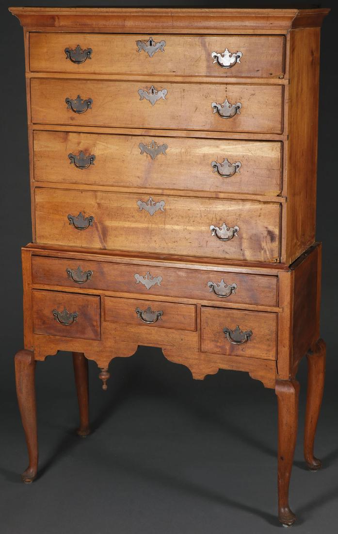 A QUEEN ANNE HIGH CHEST, NEW ENGLAND, 18TH C. (1 of 2)