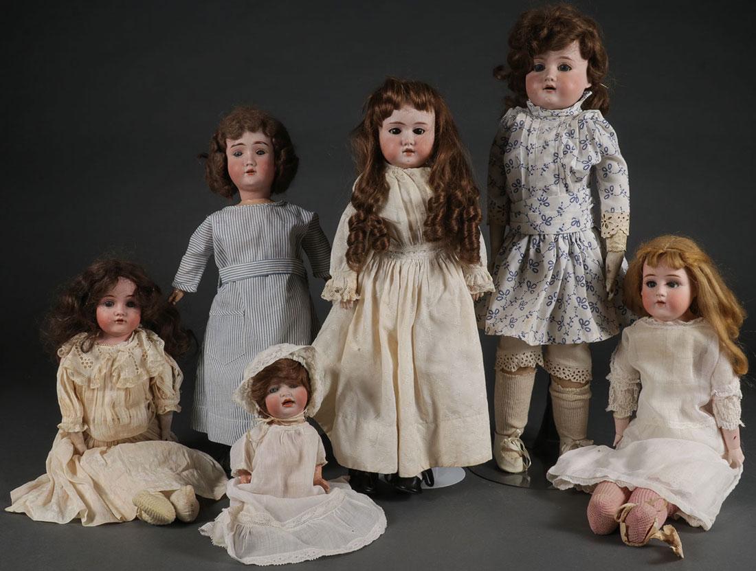 SIX GERMAN BISQUE HEAD DOLLS (1 of 1)