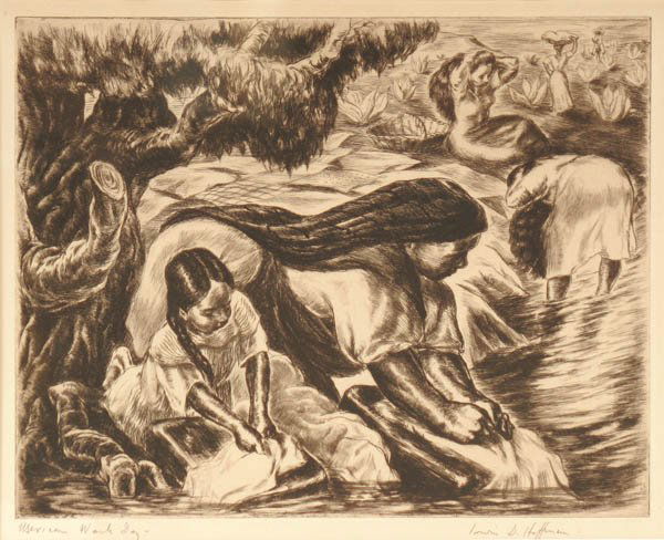 IRWIN D. HOFFMAN (American 1901-1989) Mexican Was: IRWIN D. HOFFMAN (American 1901-1989) Mexican Wash Day Etching Signed in pencil lower right and titled lower left 11 inches x 14 inches A.A.A. (Associated American Artists) Estimate $200-$300