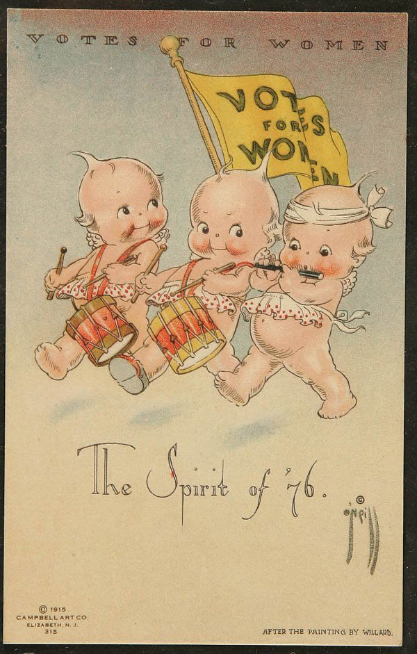 A VERY RARE ROSE O'NEILL KEWPIE POSTCARD suffrage: A VERY RARE ROSE O'NEILL KEWPIE POSTCARD suffrage related, 1915, #315 National Woman Suffrage Pub Co Inc, NY. "Votes for women" and "The Spirit of '76". Campbell Art Co. Unused. Near mint condition. E