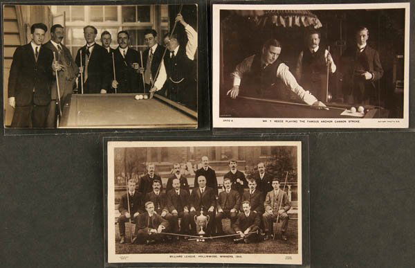 3 RPPC billiards pool tables snooker balls cue: THREE REAL PHOTO POSTCARDS all are British and related to billiard shots. Excellent condition. Estimate $250-$350