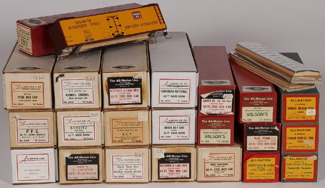 GROUP OF 38 O-GAUGE MODEL TRAIN KIT CARS: GROUP OF 38 O-GAUGE MODEL TRAIN KIT CARS. Comprising 22 All-Nation Line kit cars in various styles including reefers, box cars, refrigerator cars, and a gondola. Together with 6 Athearn reefer kit car