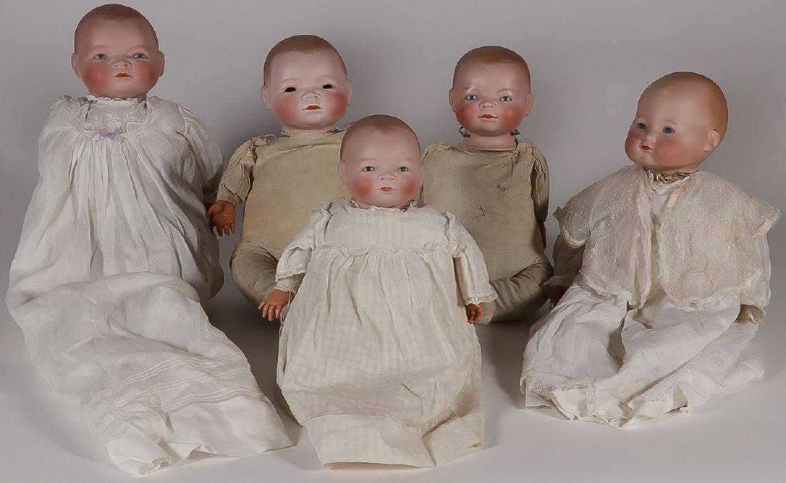 FIVE BISQUE HEAD BYE-LO BABY DOLLS