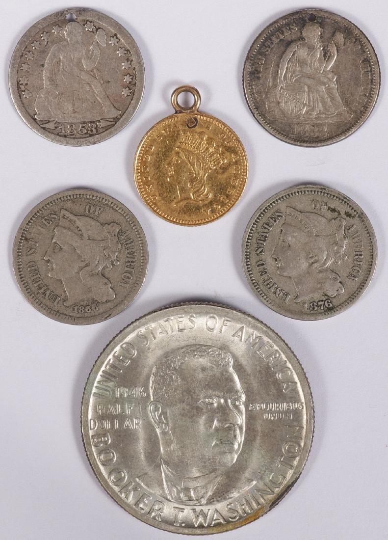 US CURRENCY, COINAGE & MEDALLIONS, C. 1853-1974: US CURRENCY, COINAGE & MEDALLIONS, CIRCA 1853-1974. Comprising six US Currency notes including a 1928 and a 1935 one dollar Silver Certificate, three US two dollar bills all dated 1928, plus a US lar