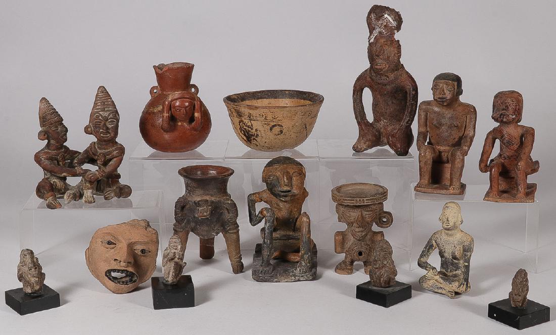 PRE-COLUMBIAN AND LATER POTTERY AND STONE: PRE-COLUMBIAN AND LATER POTTERY AND STONE. Comprising a group of 15 ceramic and carved stone items including a number of pre-Columbian polychrome specimens consisting of a bowl (pictured at center), a
