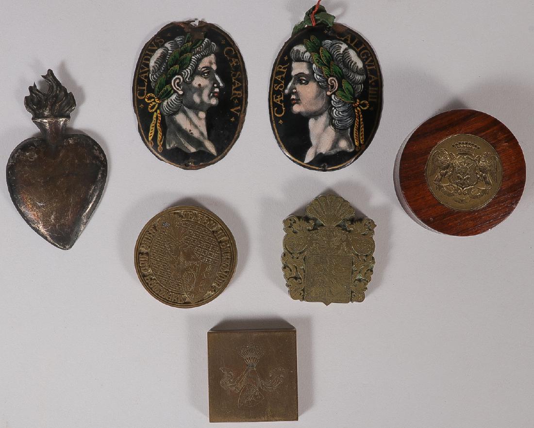 18TH CENTURY LIMOGES ENAMEL AND MORE: LIMOGES ENAMEL AND MORE. Comprising two 18th century Limoges enamel oval plaques depicting Claudius, Caeser V, and Caligula III with some losses, each measuring 3 inches (7.5 cm). Together with a silv
