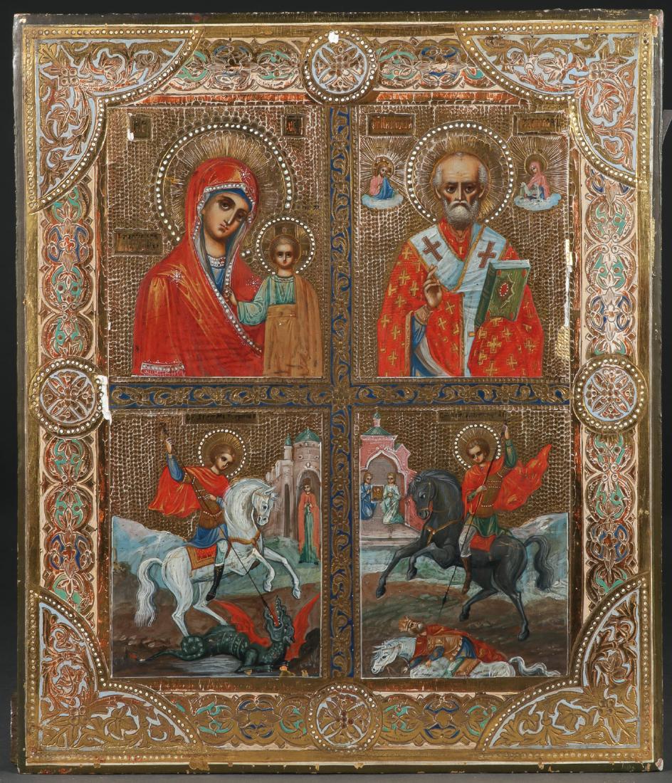 A RUSSIAN ICON IN FOUR PARTS, CIRCA 1890: A RUSSIAN ICON IN FOUR PARTS, CIRCA 1890. Finely painted on a heavily incised gilt ground with faux enameled borders. Clockwise from upper left: the Kazan Mother of God, St. Nicholas, St. Dmitri, and 