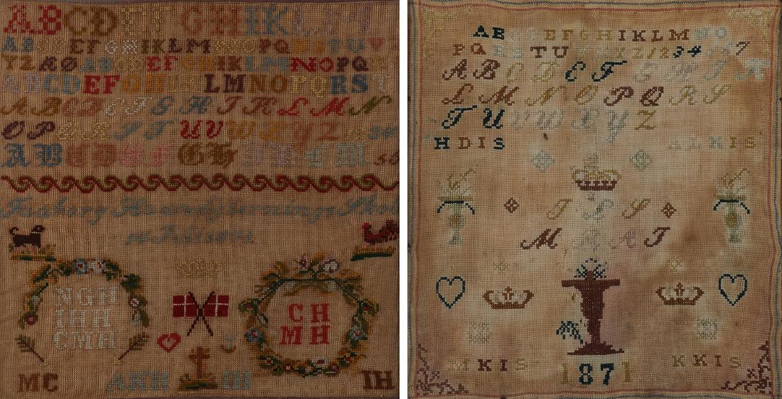 A PAIR OF EMBROIDERED SAMPLERS: A PAIR OF EMBROIDERED SAMPLERS. One dated 1871, the other 1872. Both contained in glazed frames. The largest measuring 13.25 inches square (34 cm).