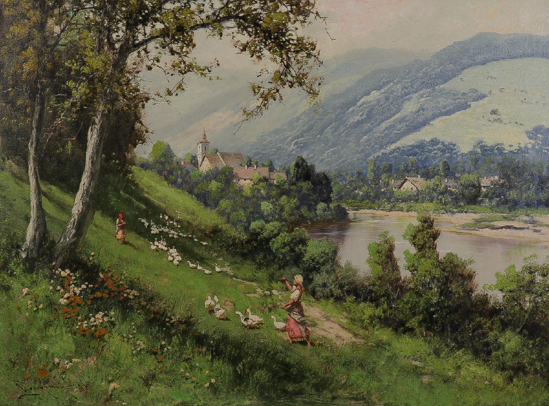 LASZLO NEOGRADY(Hungarian 1896-1962): LASZLO NEOGRADY(Hungarian 1896-1962)Alpine Geese Girls Oil on CanvasSigned lower left29 inches x 39 inches (73.7 x 99 cm)