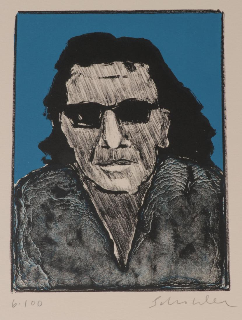 SIGNED FRITZ SCHOLDER SELF PORTRAIT & MORE: ORIGINAL SIGNED FRITZ SCHOLDER SELF PORTRAIT, CIRCA 1975 & MORE. Comprising an original lithograph in colors on Arches buff paper titled "Self Portrait with Dark Glasses", signed in pencil on margin l