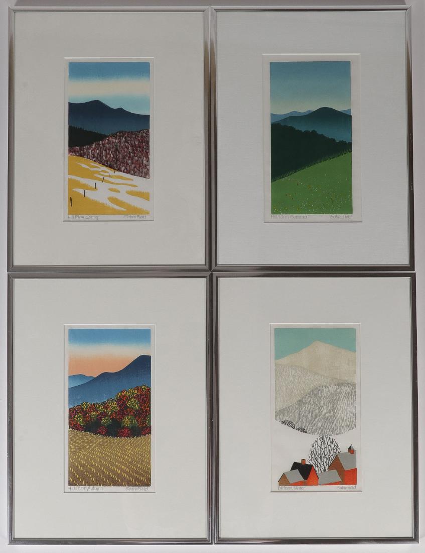 SABRA FIELD(American b. 1935): SABRA FIELD(American b. 1935) Tetraptych; Hillfarm Spring, Hillfarm Summer, Hillfarm Autumn, Hillfarm Winter Woodblock print on paper Each titled and signed on lower edge 9.25 inches x 5 inches