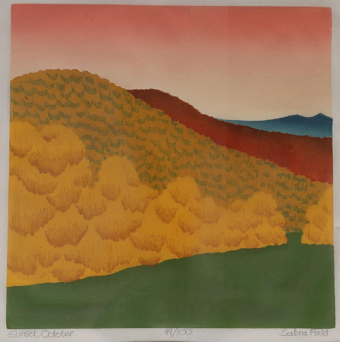 SABRA FIELD(American b. 1935): SABRA FIELD(American b. 1935)Sunset, October Woodblock print on paperTitled, signed and number 44/100 in pencil on lower edge12 inches x 12 inches