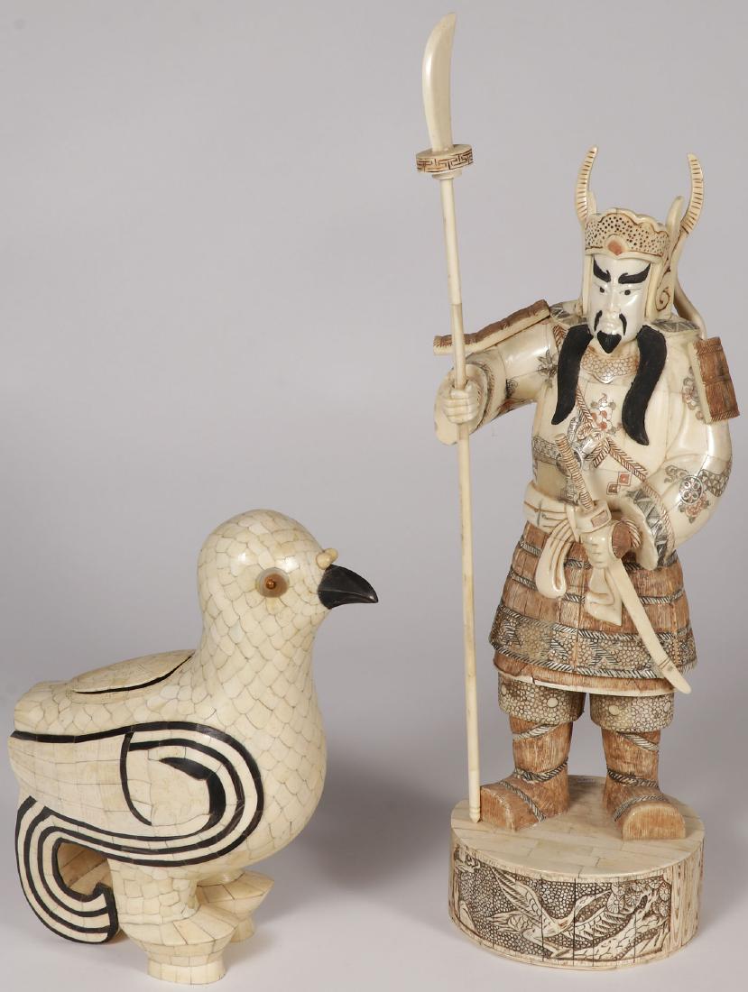 A PAIR OF CHINESE CARVED BONE FIGURES: A PAIR OF CHINESE CARVED BONE FIGURES. Comprising a large warrior with sword and lance. Together with an interesting carved bird figure with hollowed back and fitted lid, comes with fitted case. Heigh