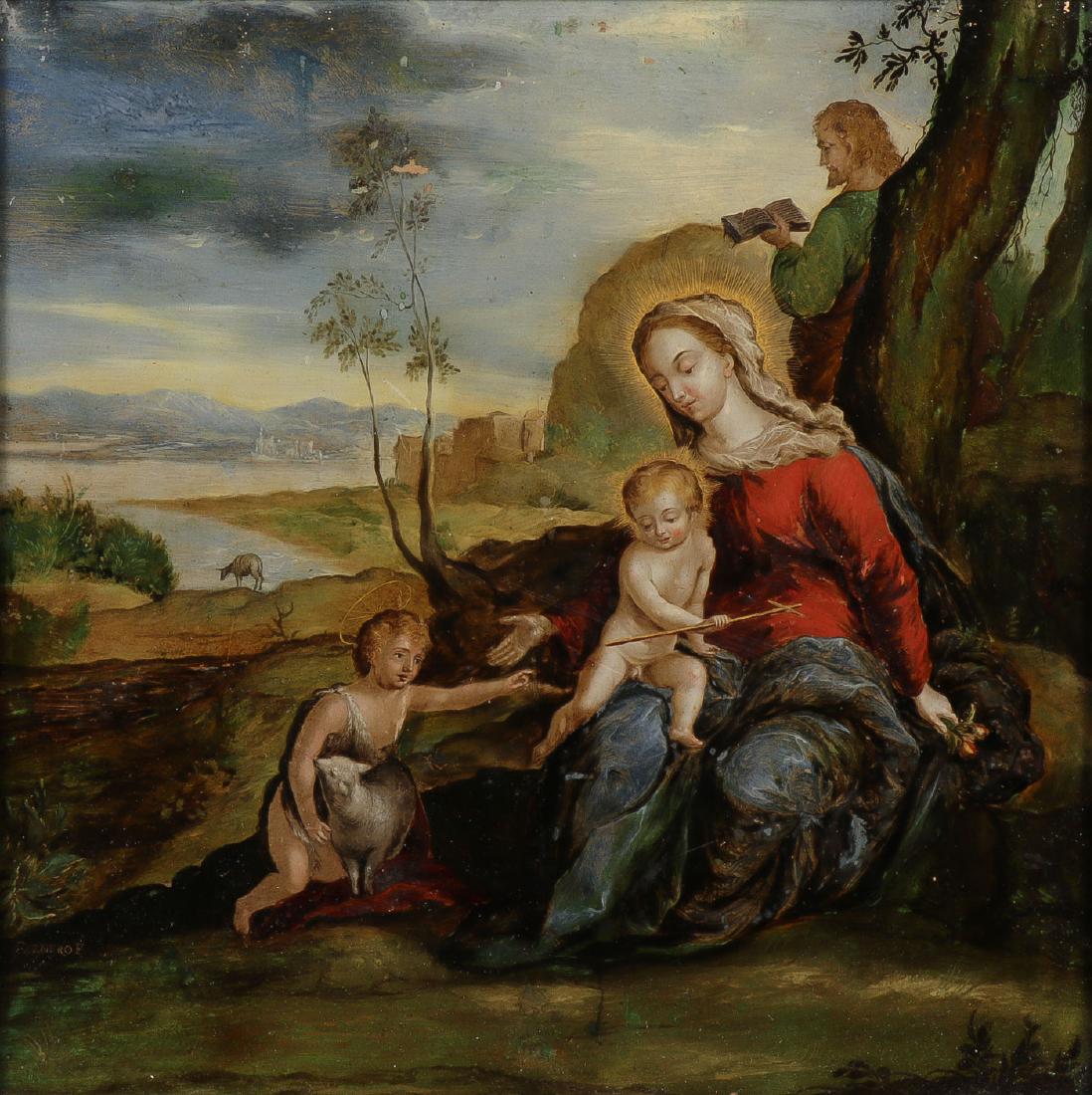 18th CENTURY MEXICAN SCHOOL PAINTING SIGNED: Attributed to José Rodríguez de Carnero (Mexican 1650-1725) La Sagrada Familia Oil reverse painted on glass Signed lower left CARNERO F 12.5 x 12.5 inches (32.5 x 32.5cm)