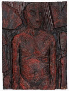 LARGE PHILIPPE COGNÉE CARVED RELIEF: PHILIPPE COGNÉE (French b. 1957-)Untitled – 1986Carved and polychrome wood reliefSigned lower right and dated 3/8663 inches x 46 inches (160 x 117 cm)Provenance: <