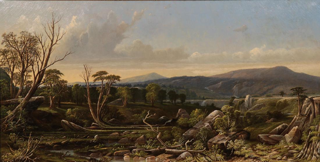 OUTSTANDING HUDSON RIVER LANDSCAPE: Circle of LEVI WELLS PRENTICE (American 1851-1935)Expansive Hudson River Landscape – circa 1880Oil on canvasApparently unsigned 30 inches x 57.25 inches contained in its likely original pr