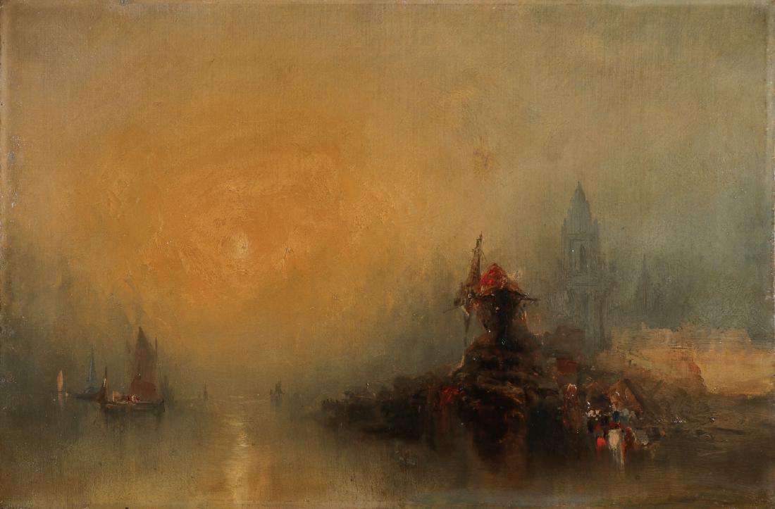 TURNER RELATED OIL ON CANVAS PAINTING: Circle of/follower of J. M. W. TURNER (British 1775 - 1851) A Harbor Scene at Sunset Oil on canvas Verso bears indistinguishable inscriptions 20 inches x 30 inches (50.5 x 76 cm) SHI