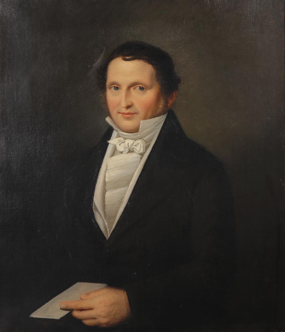 LARGE 19TH CENTURY PORTRAIT: GERMAN SCHOOL (19th century)Portrait of Gentleman Holding a Letter – circa 1850Oil on canvasUnsigned, verso with remnant of label28.75 inches x 24.75 inches (73 x 63 cm) SHIPPI