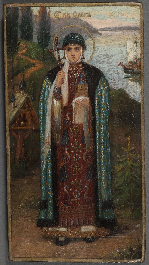 A RUSSIAN ICON OF SAINT OLGA, CIRCA 1890: A RUSSIAN ICON OF SAINT OLGA, CIRCA 1890. Finely and colorfully painted after the fresco in Saint Vladimir's Cathedral, Kiev by the noted artist Viktor Vasnetsov. She is identified by the abbreviated