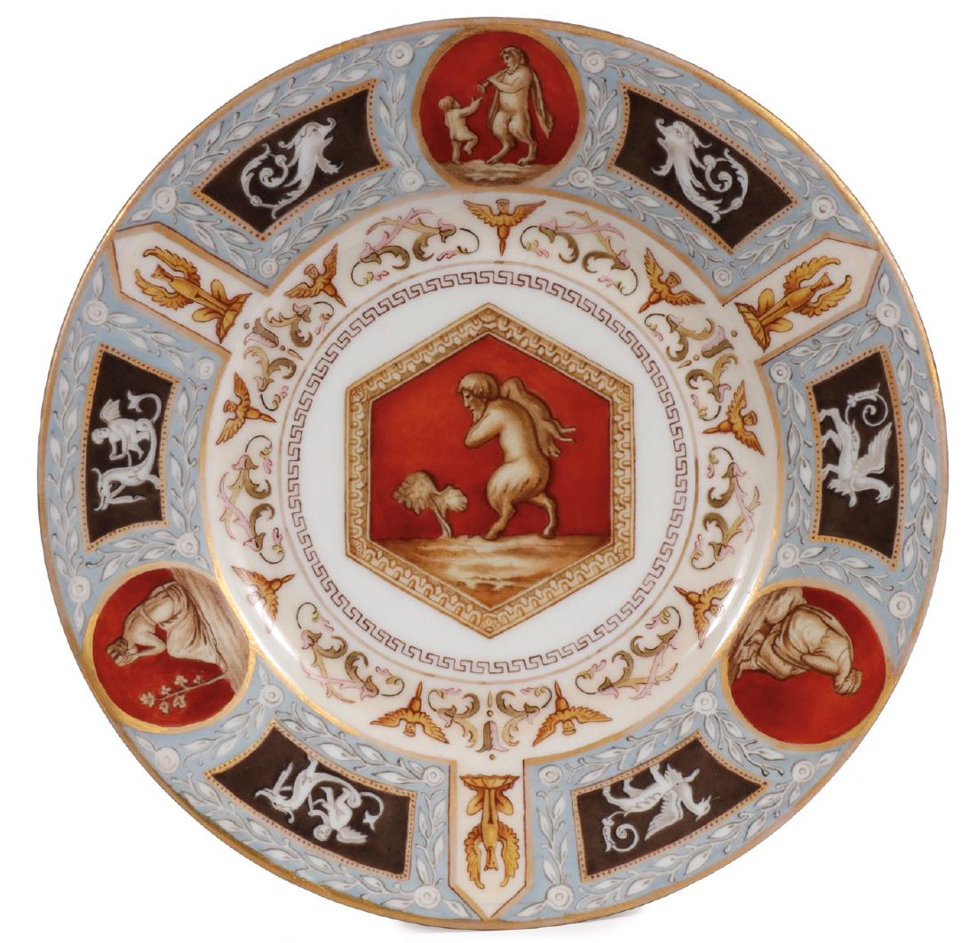 IMPERIAL RUSSIAN PORCELAIN PLATE RAPHAEL SERVICE: AN IMPERIAL RUSSIAN PORCELAIN PLATE, RAPHAEL SERVICE, 1905. The sunken cavetto with pentagonal cartouche decorated with satyr carrying rabbit, the blue-grey border embellished with foliage and dec
