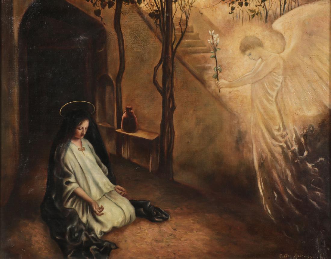 SIGNED & DATED ANNUNCIATION PAINTING: Follower of JAMES JACQUES JOSEPH TISSOT (French 1836 - 1902)The Annunciation – 1905Oil on canvasIndistinguishably signed lower right 'C.D.E Marosse'(?) and dated 190516 inches x 20 inches (4