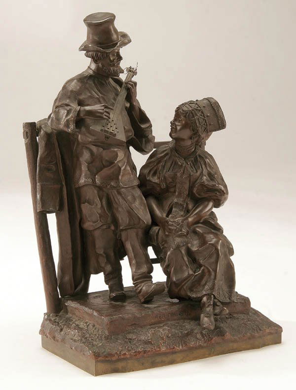 VASSILI YACOVLEVITCH GRACHEV (Russian 1831-1905),: VASSILI YACOVLEVITCH GRACHEV (Russian 1831-1905), A Musical Courting Scene, Bronze with dark brown patina, Inscribed on tier in Cyrillic Grachev and 'FABR. C.F. WOERFFEL ST. PETERSBOURG', Height 12.5