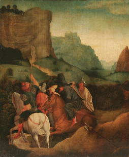 JAN SWART VAN GRONINGEN (Dutch born c. 1500-died: JAN SWART VAN GRONINGEN (Dutch born c. 1500-died c. 1560), Armed Mounted Travelers in an Expansive Landscape with Distant Castle, Oil on wood panel, 16.1 inches x 13.5 inches (41 x 34.3 cm), Estimate