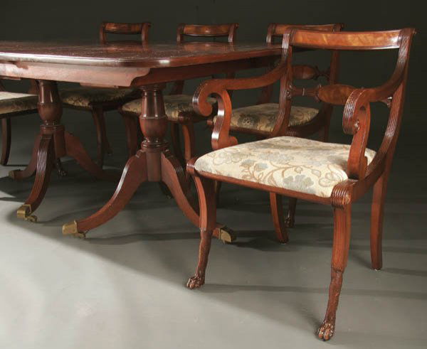 DUNCAN PHYFE STYLE 7-PIECE MAHOGANY DINING SET: DUNCAN PHYFE REPRODUCTION 7-PIECE MAHOGANY DINING SET early 20th century comprising 6 klismos chairs with hairy paw feet and a two pedestal tripod legged table. Estimate $1,000-$1,500