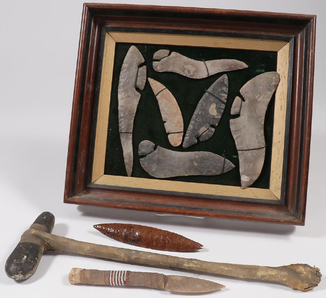 GROUP OF STONE TOOLS: GROUP OF STONE TOOLS. Comprising a framed group of finely knapped notched blades (presumably fantasy pieces), greatest length 9.6 inches, as well as an Aztec-type brown obsidian bi-faced blad